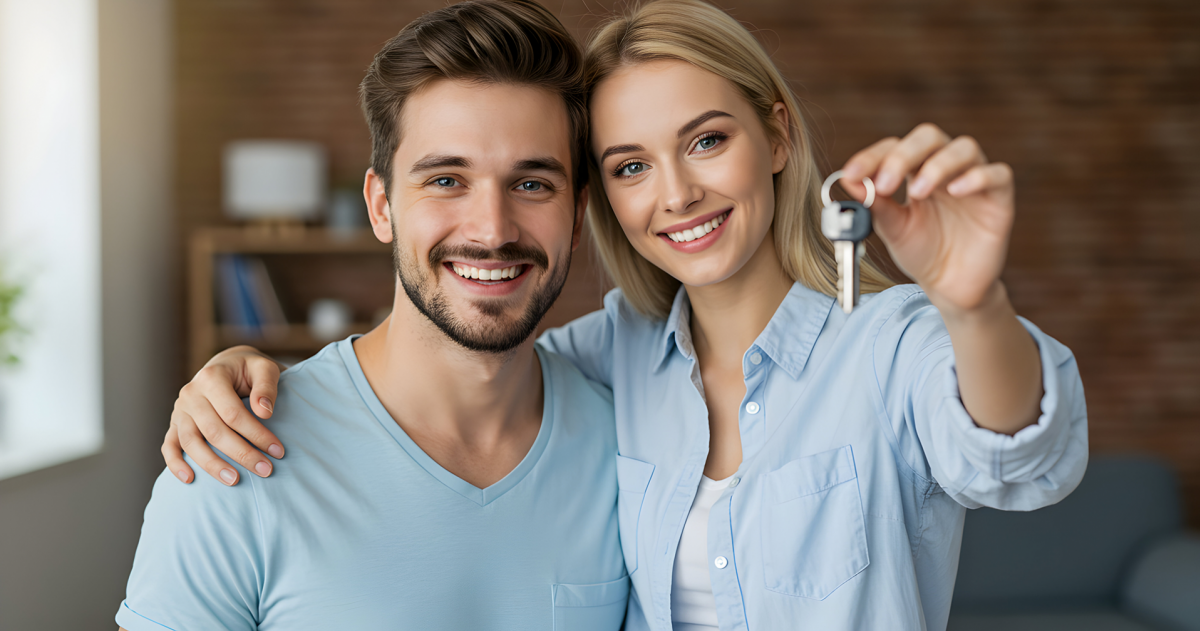 vrolijk jong stel toont de sleutels van hun nieuwe huis